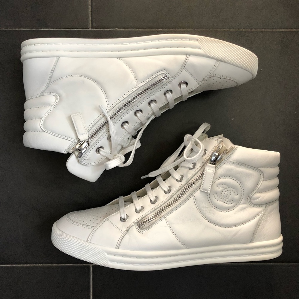 Chanel Hi Top Calfskin Sneakers in White 38.5 WMNS
